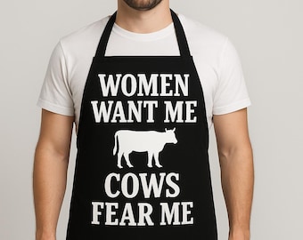 Frauen wollen mich Kühe FEAR me Schürze - Lustige Grillschürze - Grillmeister Geschenk - Vatertagsschürze - Backyard Kochen Humor