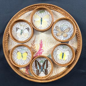 May include: A round wooden tray containing five circular wooden coasters. Each coaster features a unique butterfly illustration on a white lace-like background. The tray base displays a botanical print with ferns and pink floral elements.