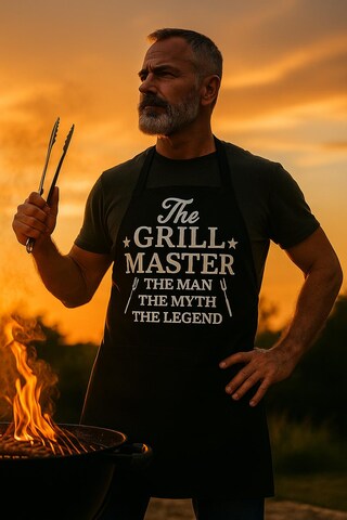 The Grill Master Grembiule Da Barbecue Nero - Tessuto Poli-Cotone 65/35 - Taglia Unica 86x76 Cm - Senza Tasche, Lacci Lunghi 99 Cm