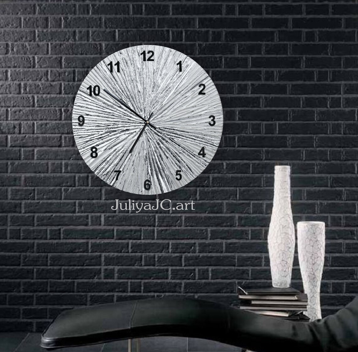Silver and Black Wall Clock Modern Gray Home Decor Modern Wall Etsy