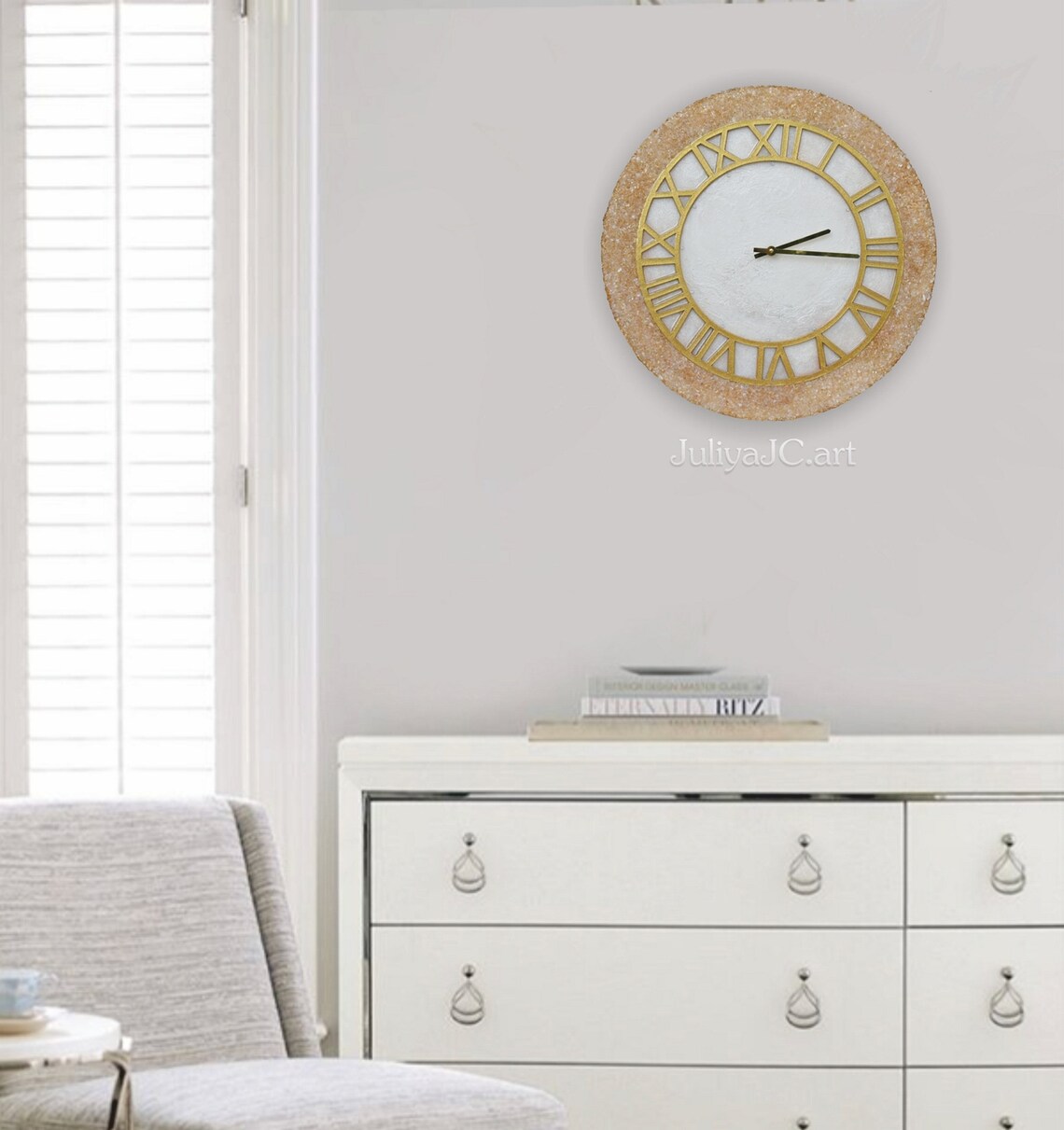 Wall Clock with Glass Crumb Beige and White with Gold Shades Etsy