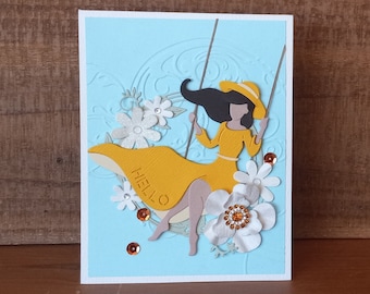 Handmade Hello Card: Lady on Swing, Yellow Dress, Bejeweled Flowers