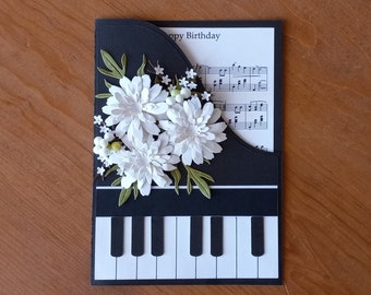 Piano Shaped Birthday Card with 3D Flowers and Happy Birthday Sheet Music in Handmade Box, Lovely Piano Birthday Card with Flowers