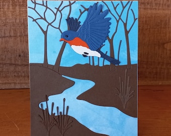 Handmade Bluebird Greeting Card: Landscape Scene