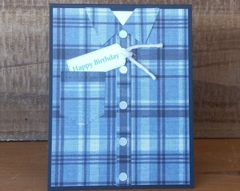 Handmade Blue Plaid Shirt Birthday Card: Customizable Message