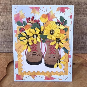 Hiking Boots Autumn All Occasion Handmade Greeting Card, Fall Card with Boots Flowers Leaves in Fall Colors