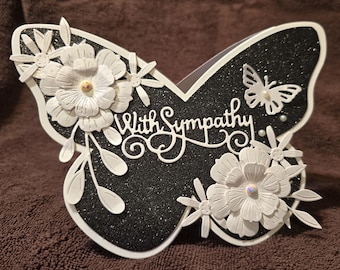 Handmade Sympathy Greeting Card: Butterfly Shaped Black Glitter Card Flowers