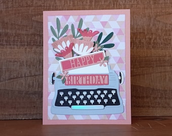 Typewriter Birthday Card: Handmade Floral Greeting Card