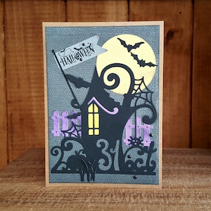 Halloween Haunted House Handmade Greeting Card, October 31st Halloween House with Full Moon Bats Spiders, Spooky Fun Card