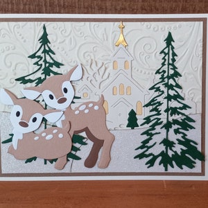 Deer in Woods with Church and Town in the Background, Beautiful Winter Scene with Fawns, Evergreens and Church Town