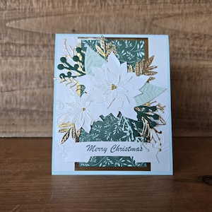 Merry Christmas Poinsettia Handmade Greeting Card, White Poinsettias Christmas Card with Green and Gold Accents