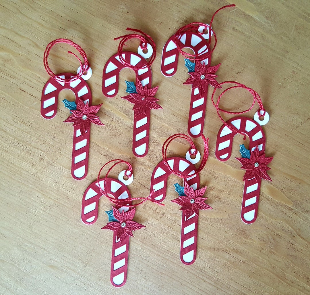 Handmade Candy Cane Gift Tag Set: Poinsettia Rhinestone Christmas Tags ...