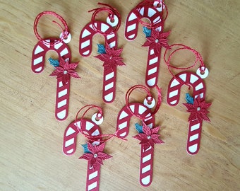 Handmade Candy Cane Gift Tag Set: Poinsettia Rhinestone Christmas Tags