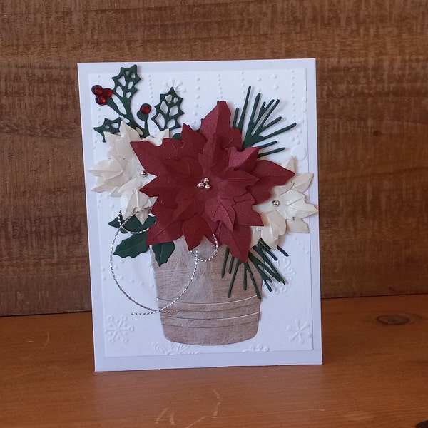 Red and White Poinsettia Holiday Flower Arrangement Card, Handmade Christmas Card with Poinsettias and Greenery, Standout Holiday Card