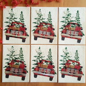 Pickup Truck Handmade Christmas Card, Plaid Truck with Gifts in Forest, Handmade Farmhouse Christmas Card