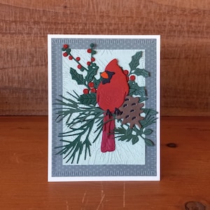Red Cardinal with Greenery and Pinecone Handmade Winter Christmas Greeting Card, Handmade Happy Holidays Greeting Card with Cardinal