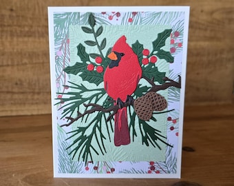 Handmade Christmas Greeting Card, Red Cardinal with Greenery and Pinecones