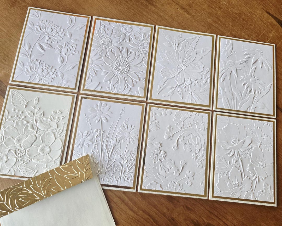 Embossed Floral Greeting Cards; Set of 8 Handmade Gold Foil Framed ...