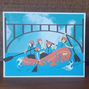 River Rafting and Bridge Handmade Greeting Card, Card with People in a Raft Under a Bride, Fun Whitewater River Rafting Adventure Card