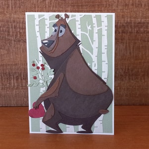 Handmade Bear in the Woods with Heart and Flowers Greeting Card, Valentine and Flowers from Theodore the Bear Card, Big Bear Hug Love Card