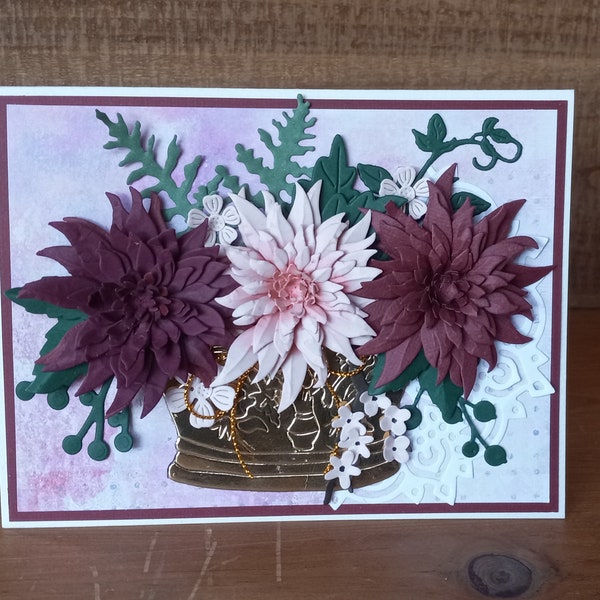 Stunning Dahlias in Golden Vase Handmade Greeting Card, 3D Flower Card for Any Occasion, Pink and Maroon Dahlias Flower Arrangement