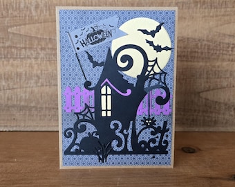Handmade Halloween Haunted House Card: Spooky Full Moon Design