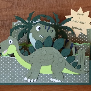 Dinosaur Dino-Mite Birthday 3D Card for Dinosaur Lovers, Dinosaur Birthday Greeting Card, Dino-Mite Birthday Card w Two Dinosaurs and Palms.