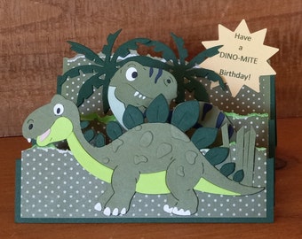 Dinosaur Dino-Mite Birthday 3D Card for Dinosaur Lovers, Dinosaur Birthday Greeting Card, Dino-Mite Birthday Card w Two Dinosaurs and Palms.