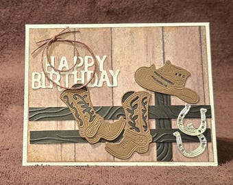 Handmade Cowboy Birthday Card: Boots, Hat, Horseshoes