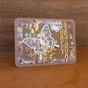 Handmade Birthday Card with Butterflies, Unique Boho Happy Birthday Card with Hand Cut Butterflies-Paisley Paper and Gold Foil Accents