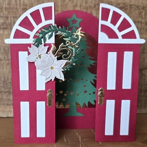 Holiday 3D Door with Wreath and Christmas Tree, Handmade Christmas Greeting Card with Door that Opens to Reveal Christmas Tree