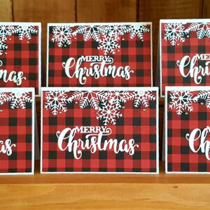 Red Plaid and Snowflake Merry Christmas Handmade Card, Handmade Christmas Card White on Red Plaid