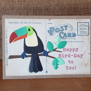 Toucan Happy Bird-Day to You! Handmade Greeting Card, Card with Toucan on Old Fashioned Post Card, Colorful Tropical Bird Card on Post Card