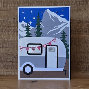 RV Travel Trailer Boondocking in the Mountains Handmade Greeting Card, Scenic Starry Night Travel Trailer in Mountain Setting Card