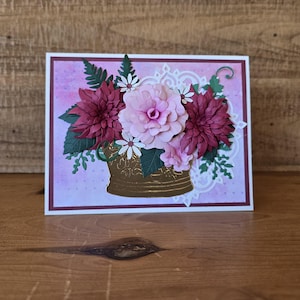 Stunning Dahlias in Golden Vase Handmade Greeting Card, 3D Flower Card for Any Occasion, Pink and Maroon Dahlias Flower Arrangement