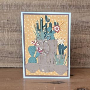 Handmade Card with Barrel and Pots Full of Cacti, Blooming Cactus Card for Many Occasions, Beautiful Southwest Cactus Greeting Card