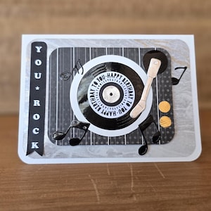 Music Lover Record Player Happy Birthday Handmade Greeting Card, You Rock Birthday Record Player Turn Table Vinyl Record Music Notes Card