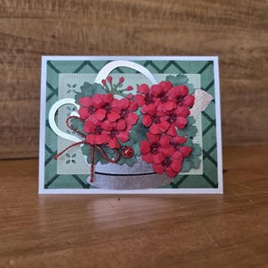 Geranium Flowers Watering Can with Ladybug Handmade Greeting Card, Geranium Lovers Card with Watering Can and Ladybug