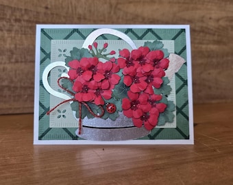 Handmade Geranium Flowers Greeting Card, Silver Watering Can, Ladybug