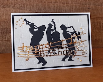 Handmade Jazz Musician Birthday Card: Gold Foil Music Score