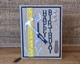 Handyman Birthday Card: Tools & Tape Measure Ribbon