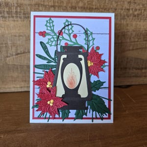 Lantern Poinsettia Holly Evergreen Christmas Holiday Season Greetings Handmade Card, Holiday Greeting Card with Lantern Christmas Flowers