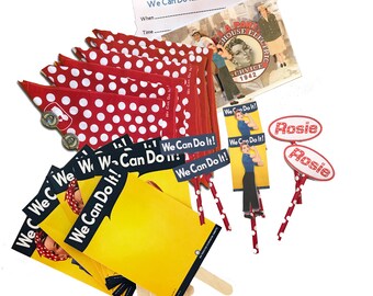 Rosie the Riveter Party Pack with 6 each invites, cake/cupcake toppers, mini posters, bandanas and buttons-We Can Do It Party