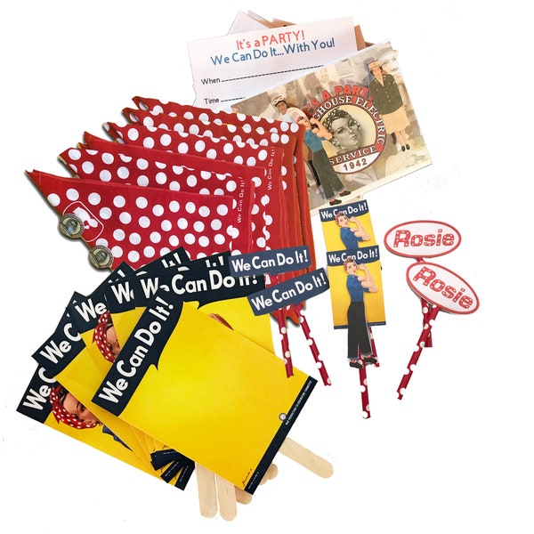 Rosie the Riveter Party Pack with 6 each invites, cake/cupcake toppers, mini posters, bandanas and buttons-We Can Do It Party