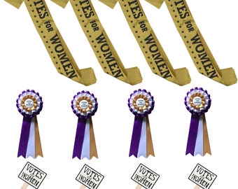 Suffragette Party Pack - 4 Each Suffragist Sashes, Rosettes, VOTES FOR WOMEN Signs. Celebrate the 19th Amendment. Womens Rights.