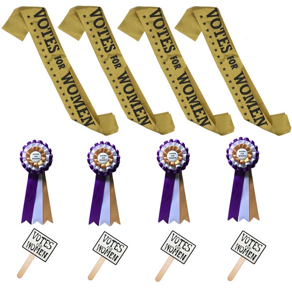 Suffragette Party Pack - 4 Each Suffragist Sashes, Rosettes, VOTES FOR WOMEN Signs. Celebrate the 19th Amendment. Womens Rights.