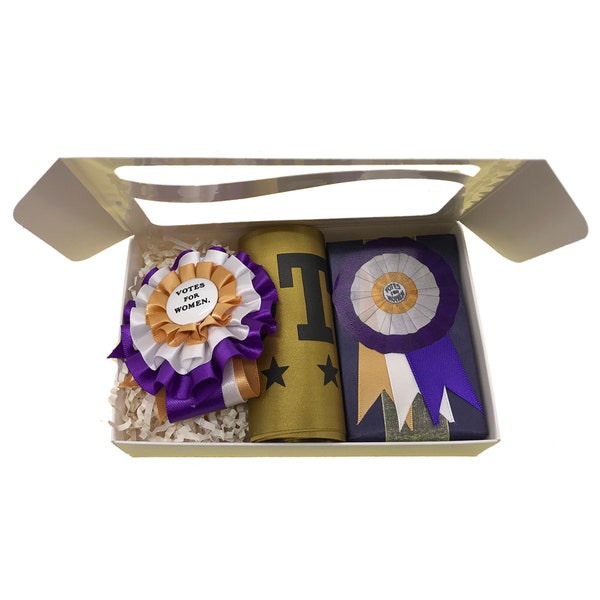 Suffragist in a Box Gift Set with 3 Items - Satin Sash, Satin Rosette, Artisan Lavender Soap. Centennial of Womens Right to Vote