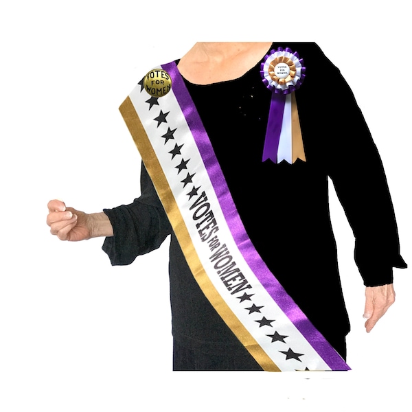 SUFFRAGE SET. 3 Item Satin Tri-Colored Sash Plus Tri-Colored Rosette Plus Gold Steelback Button. Authentic. All with Votes for Women Words