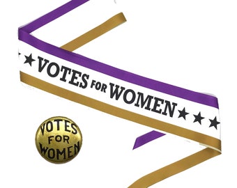 Suffrage Accessories Authentic Tri-Color Suffragist Satin Sash in American Suffrage Colors. Suffragette Set INCLUDES Gold Button