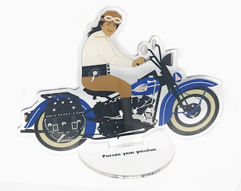 Acrylic Figure of Black American BESSIE STRINGFIELD. Shown on Her Harley-Davidson. WW2 Figure Inspiring Message: Pursue Your Passion